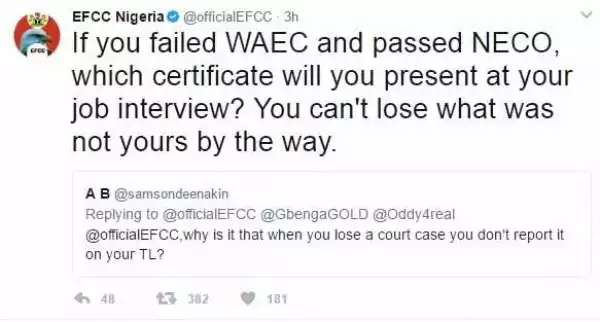 EFCC Epic Reply To A Twitter User Who Asked 